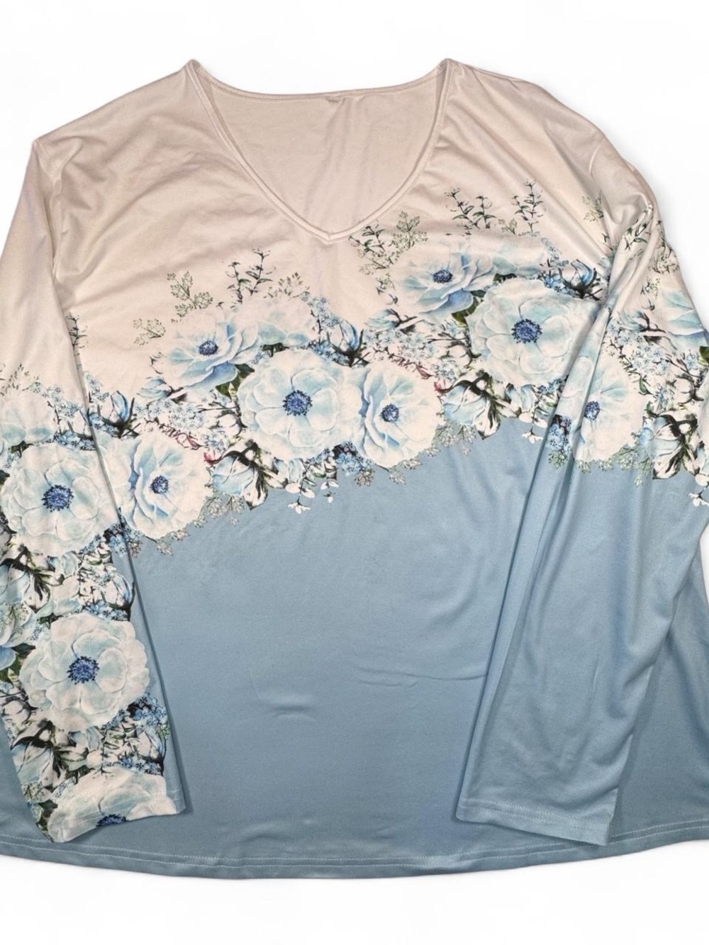 Floral V-Neck Long Sleeve Tunic Size 3XL Blue White Cottagecore Boho FallFashion